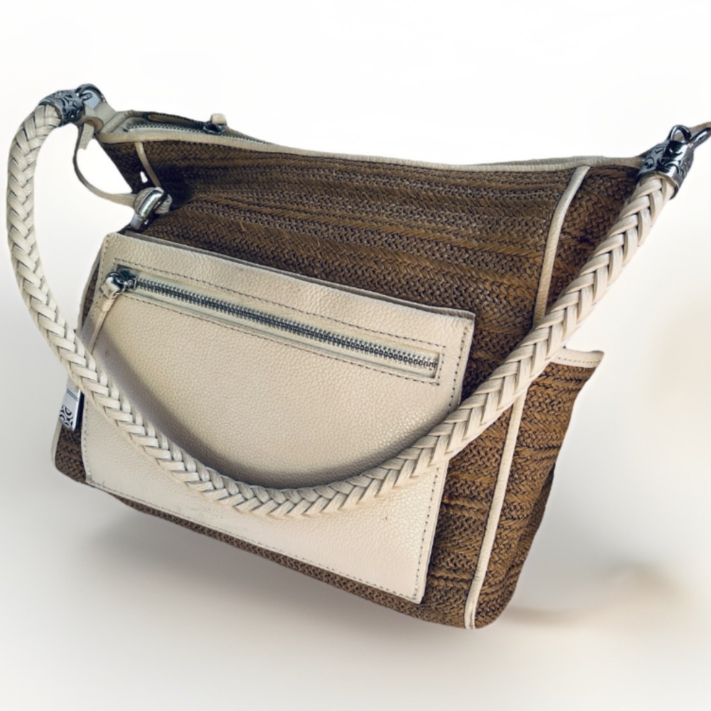 BRIGHTON Cream & Tan Raffia Wicker Genuine Leather Shoulder Bag Tote Purse